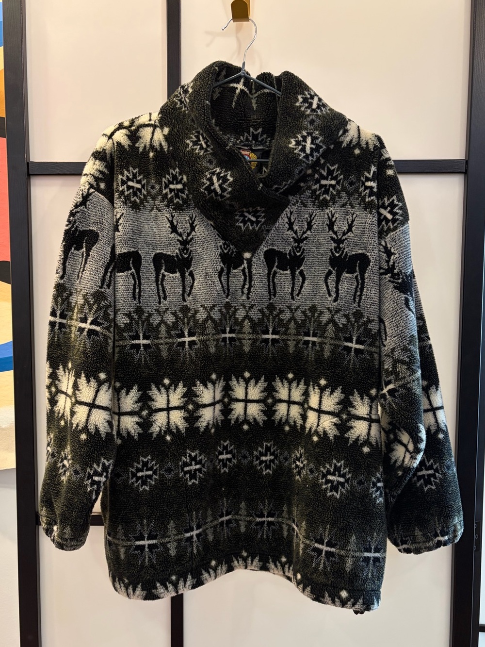 Men's Black & White Reindeer Pattern Shawl Collar Fleece Pullover